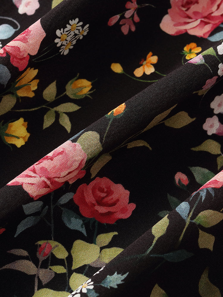 Mulberry Silk Rose Print Women Maxi Dress