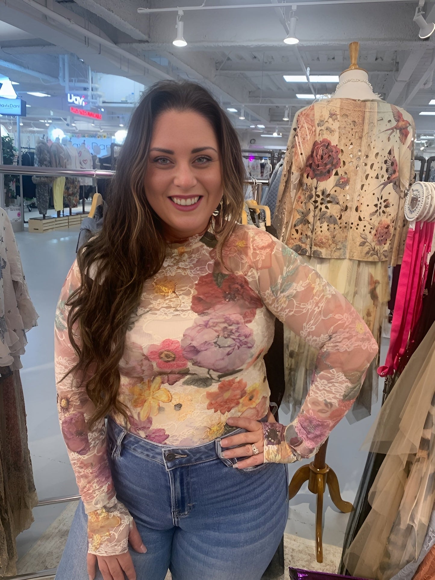 Origami - Sheer Flower Lace Mesh Long Sleeve Top