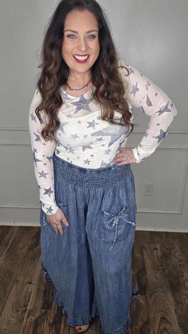 Mesh Stars Embellished Long Sleeve Top