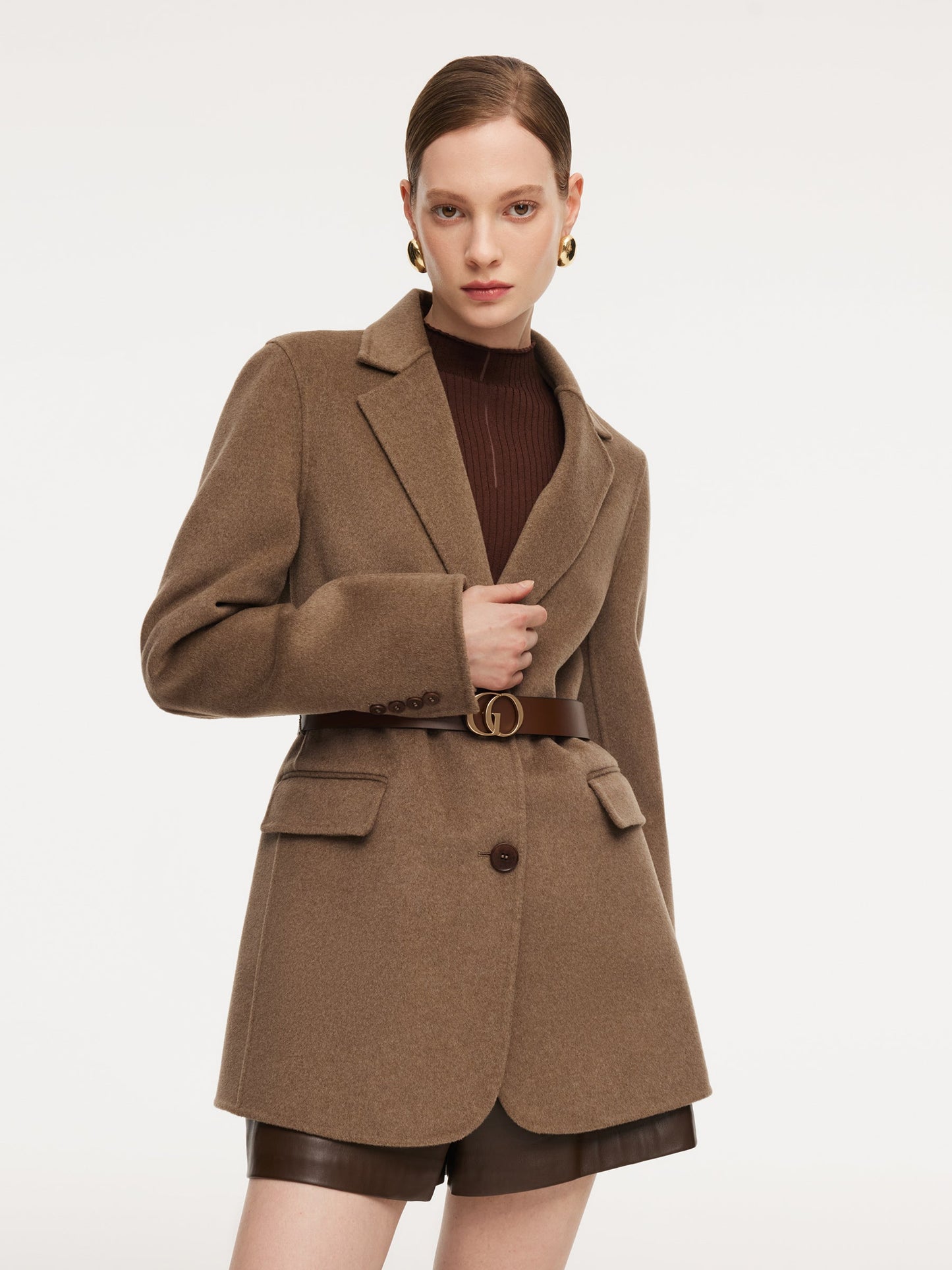 Cashmere Wool Blend Double-Faced Women Blazer With Leather Belt