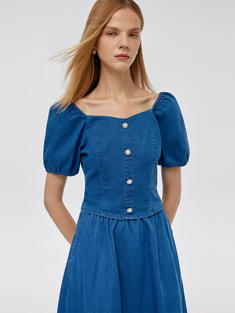 Denim Puff Sleeves Top And A-Line Skirt Two-Piece Set