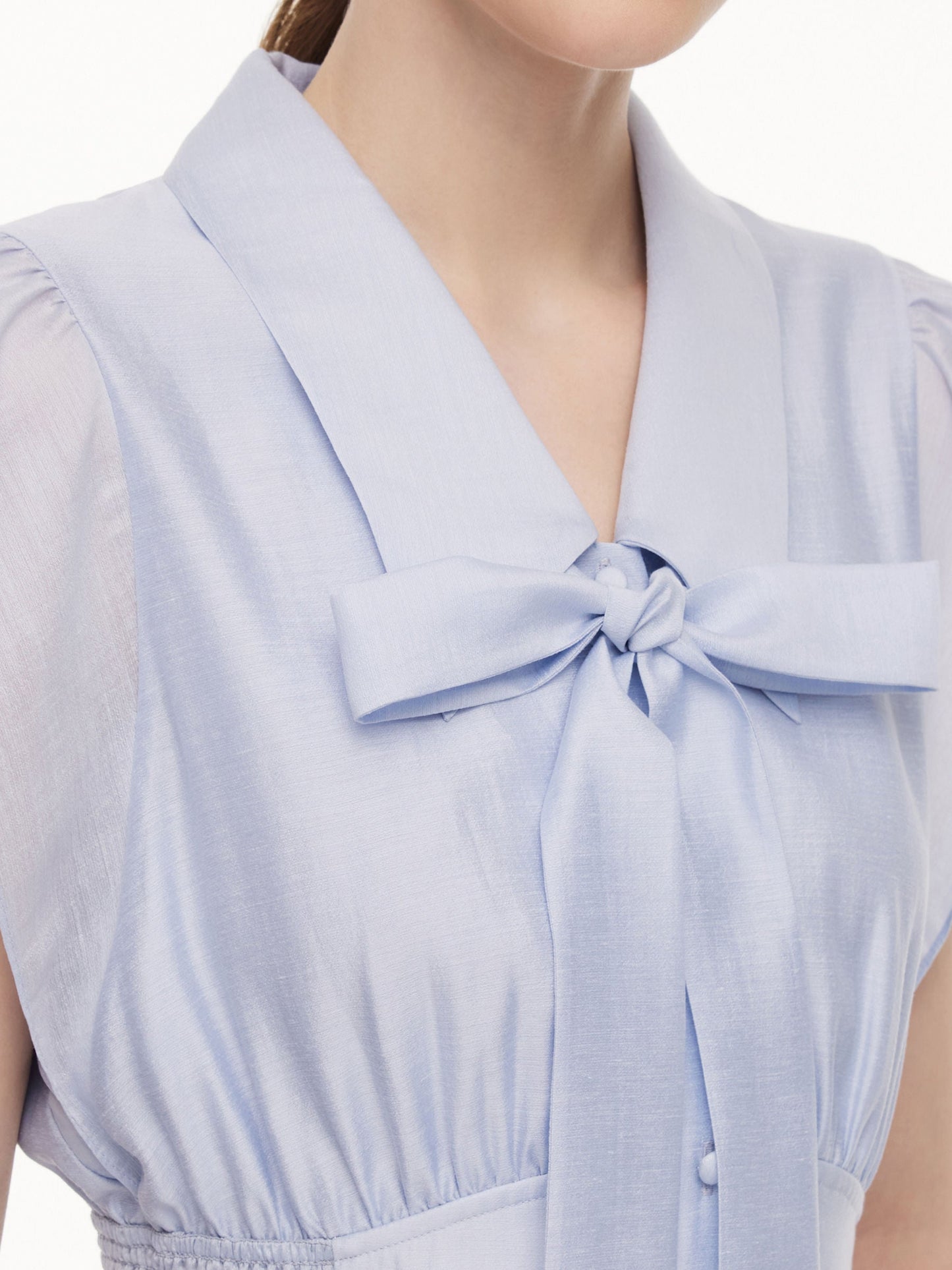 Tencel Acetate Blend Ruffle Cap Sleeve Women Maxi Dress With Ribbon