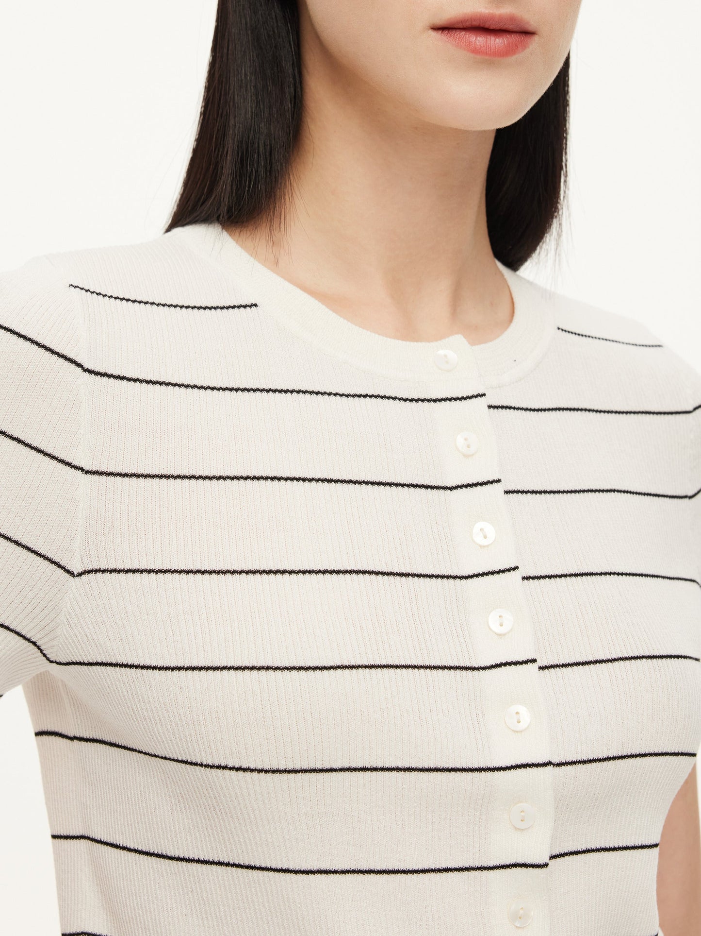 Lyocell Blend Stripe Round Neck Women Cardigan