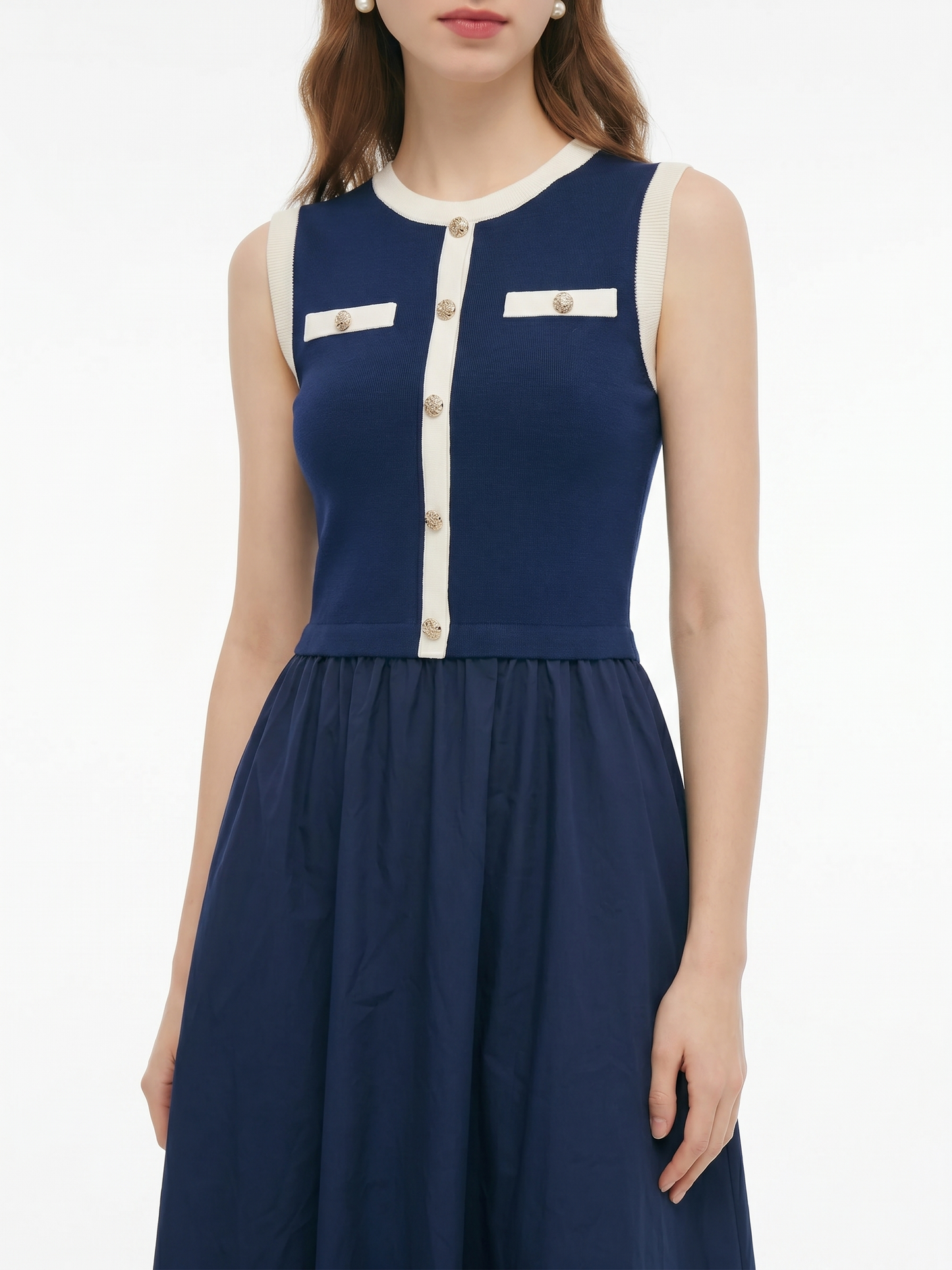 Lyocell Blend Contrast Trim Women Patchwork Sleeveless Maxi Dress