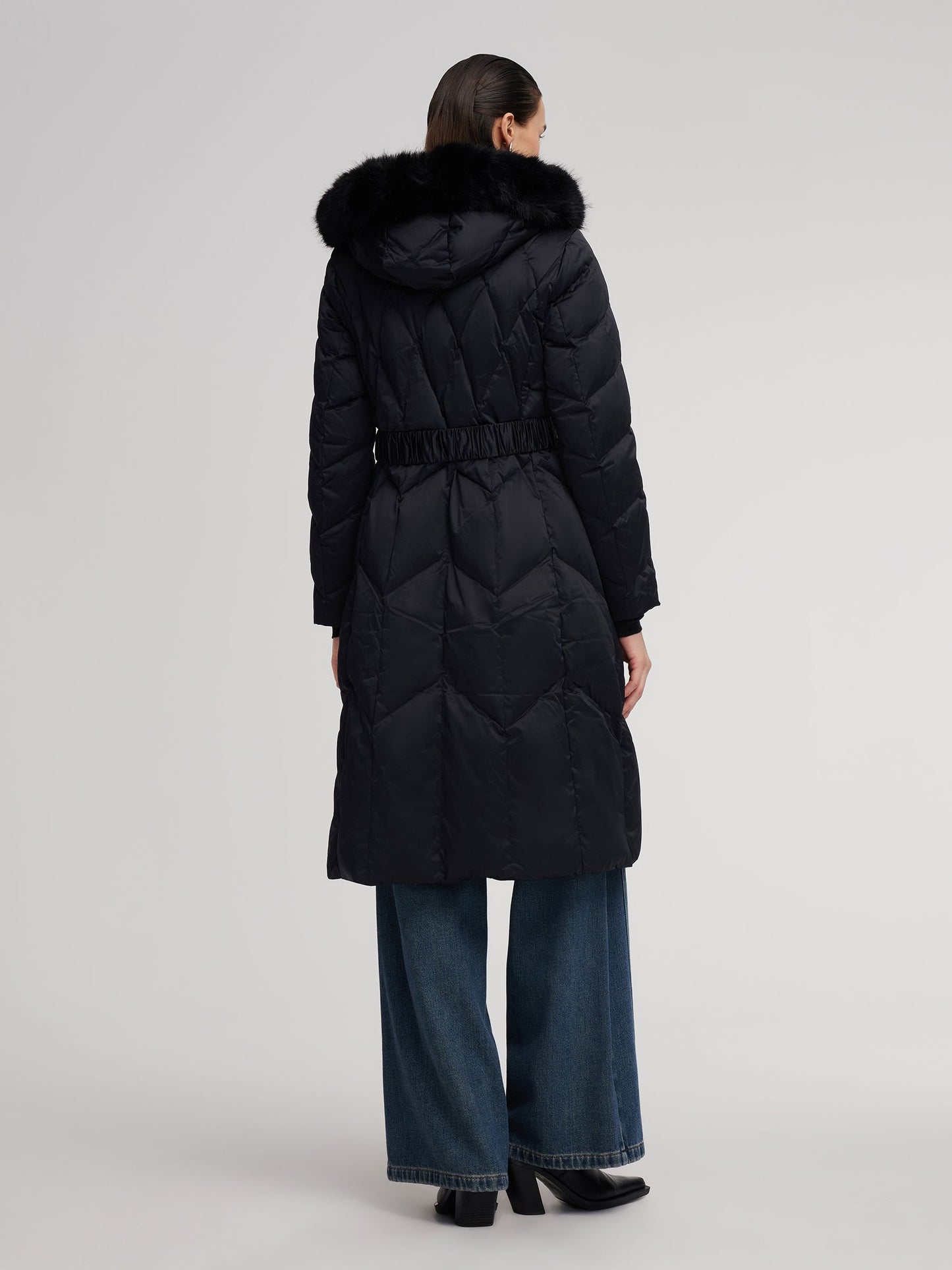 Gathered Waist Long Goose Down Garment With Faux-Fur Collar