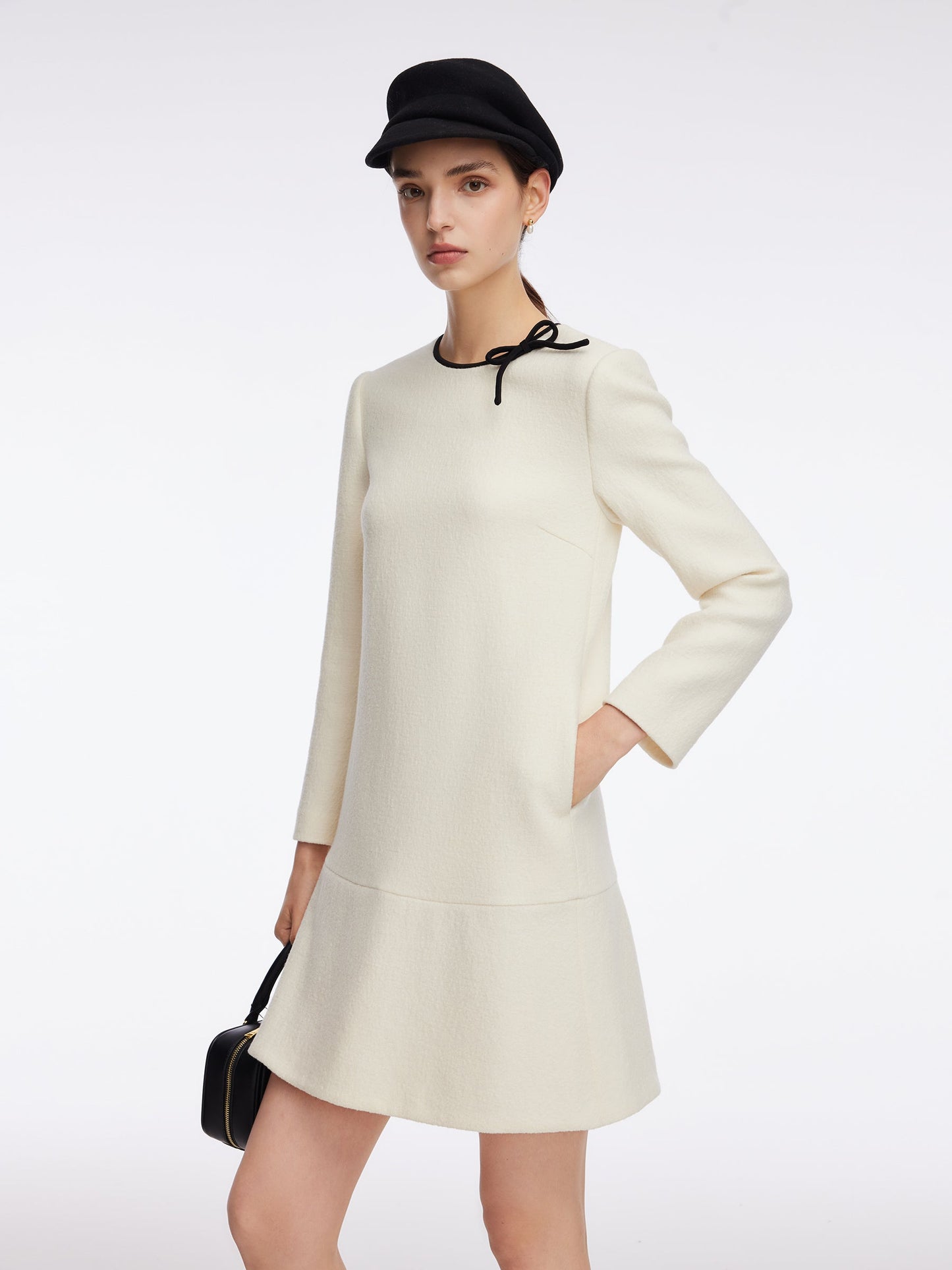 100% Wool Contrast Trim Neck A-Line Women Mini Dress