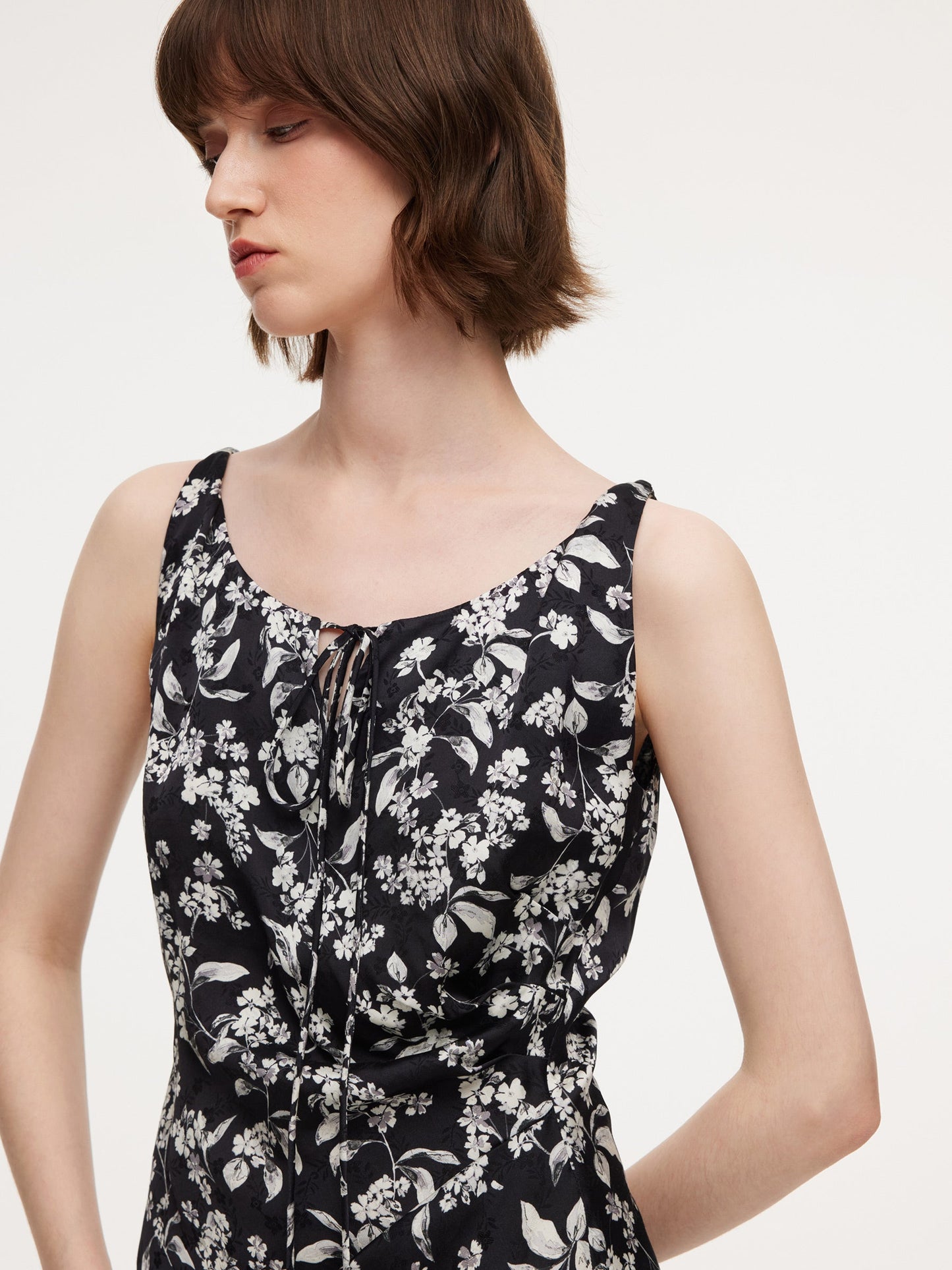 Contrast Trim Openwork Cardigan And Floral Print Sleeveless Dress Two-Piece Set