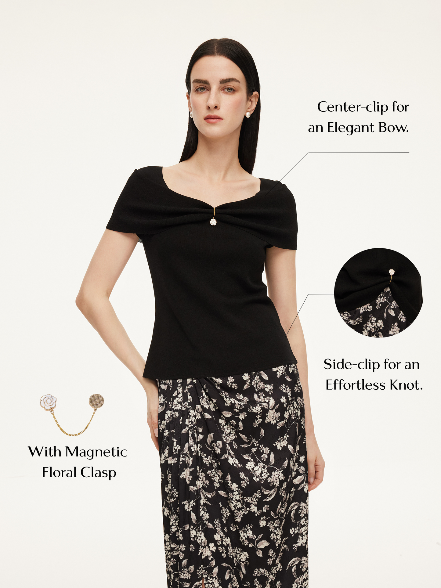 Lyocell Blend Off Shoulder Women Knit Top With Detachable Magnetic Flower
