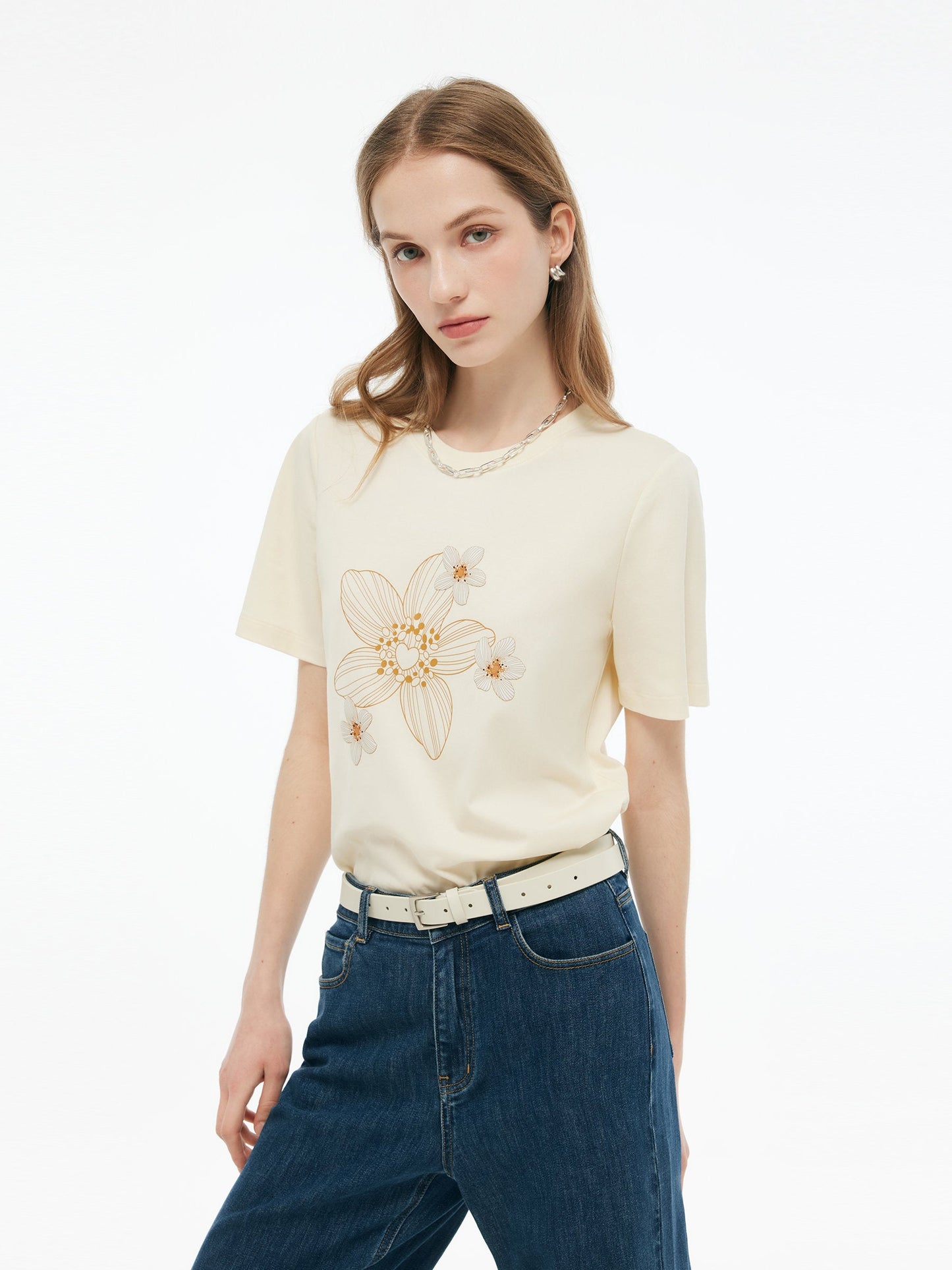 Flower Print Women Knit T-Shirt