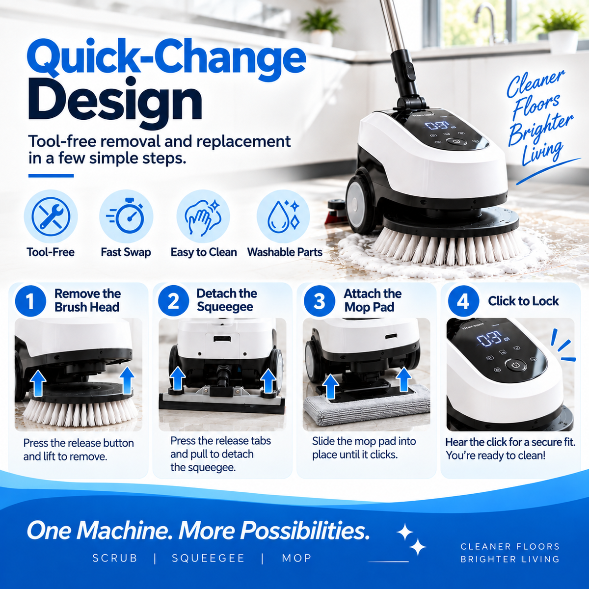 UltraClean 3-in-1 Electric Floor Scrubber – Rotating Brush, Squeegee & Mop Cleaning System