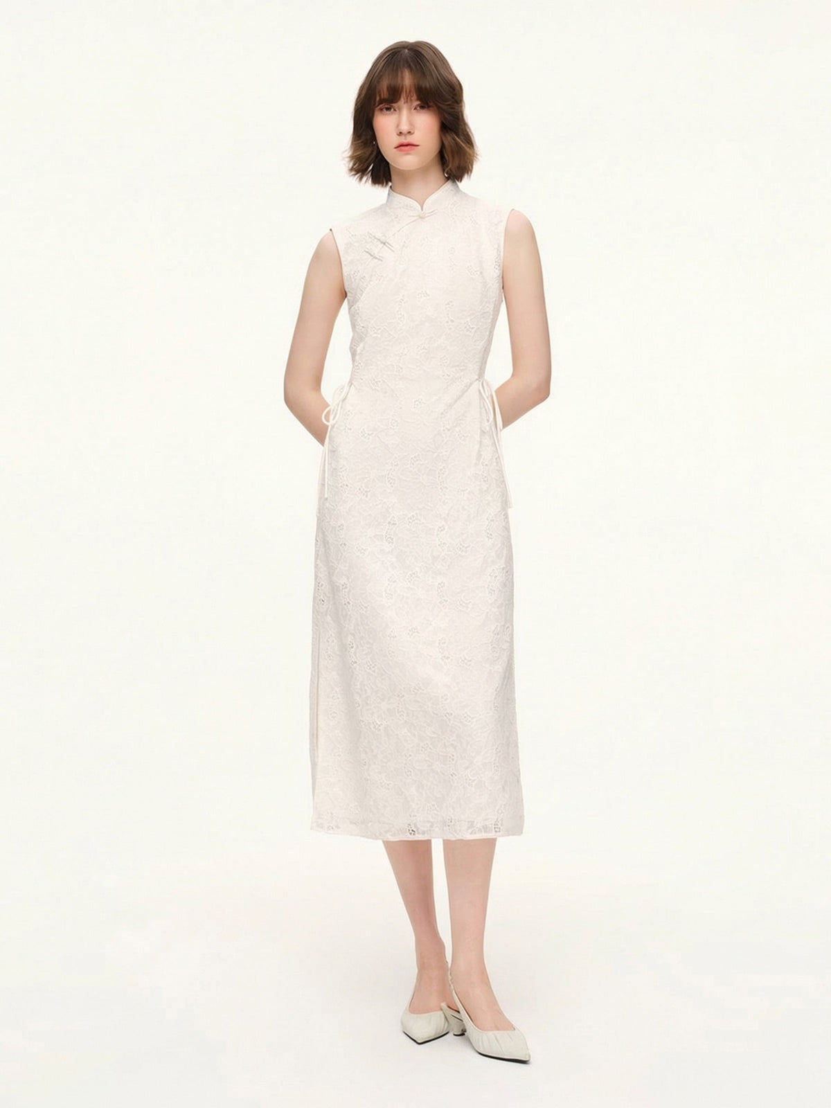 Lace Sequins Adjustable Drawstring Waist Women Qipao Midi Dress