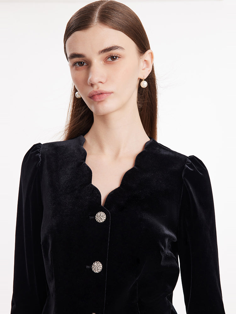 Wave Cut V-Neck Velvet Top And Tulle Skirt Two-Piece Set
