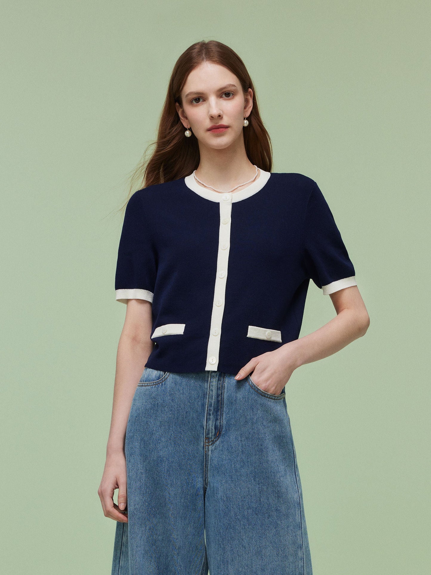 Lyocell Blend Contrast Trim Women Cardigan