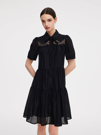 Tencel Blend Women Tiered Mini Dress With Ribbon