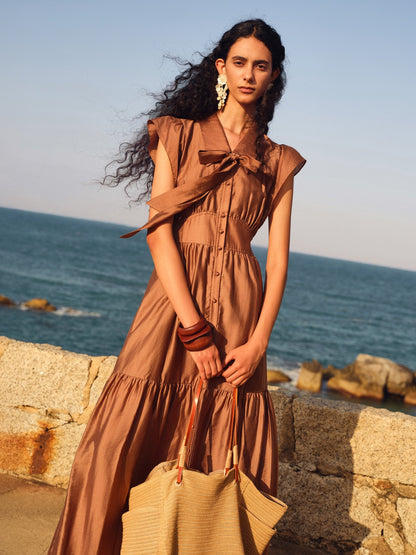 Tencel Blend Women Ruffle Cap Sleeve Maxi Dress With Sash