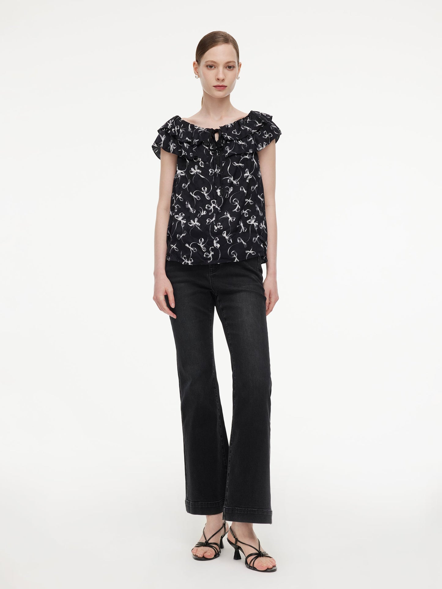 Jacquard Ribbon Print Tie Front Women Ruffle Blouse