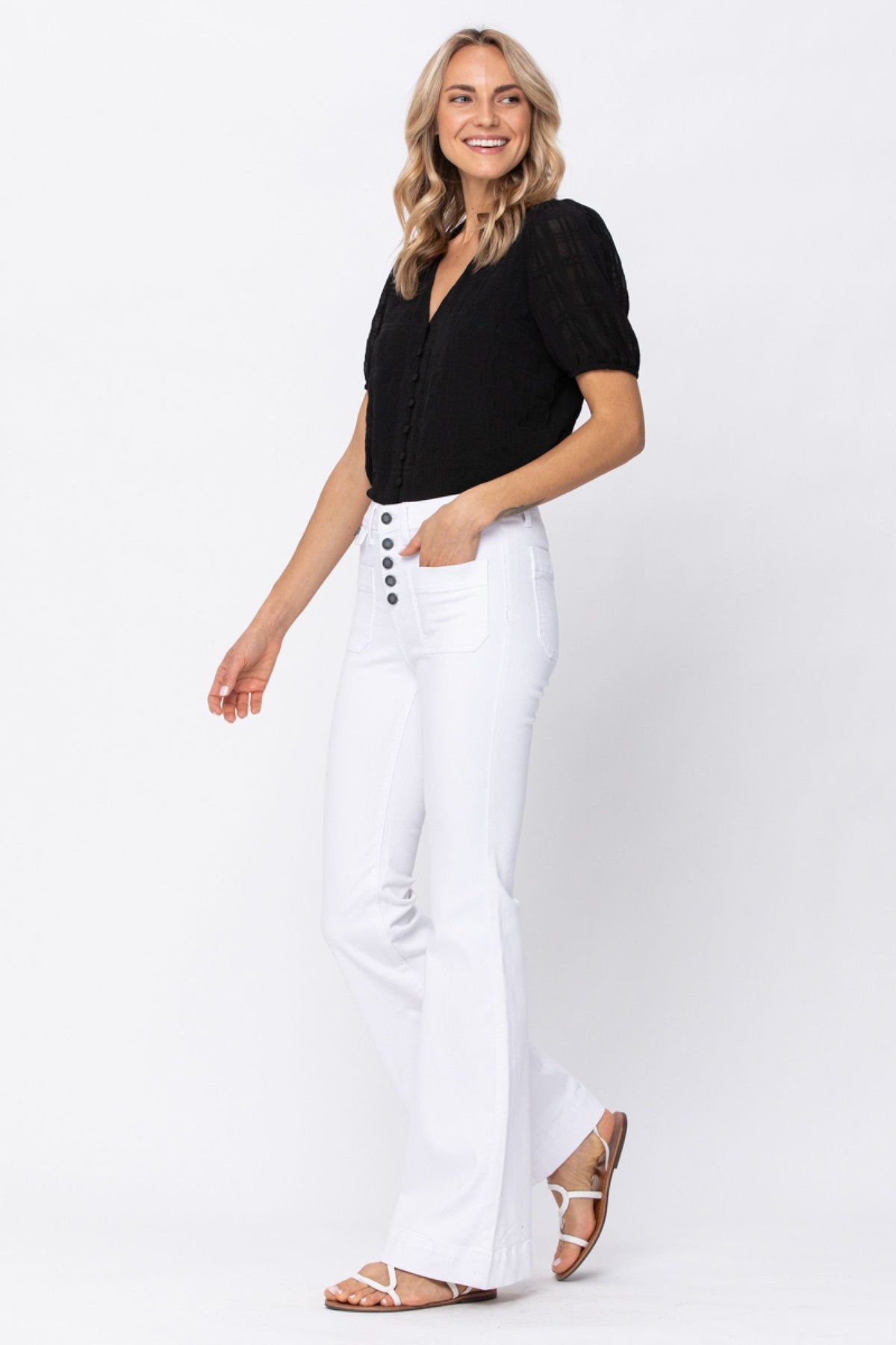 Judy Blue White Button Fly Patch Pocket Flare Jeans