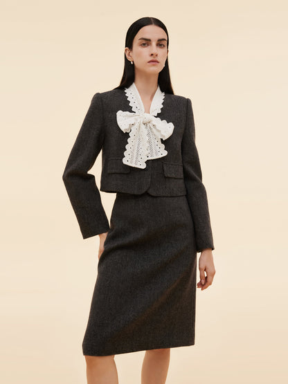 100% Washable Wool Crop Jacket And Skirt Two-Piece Set