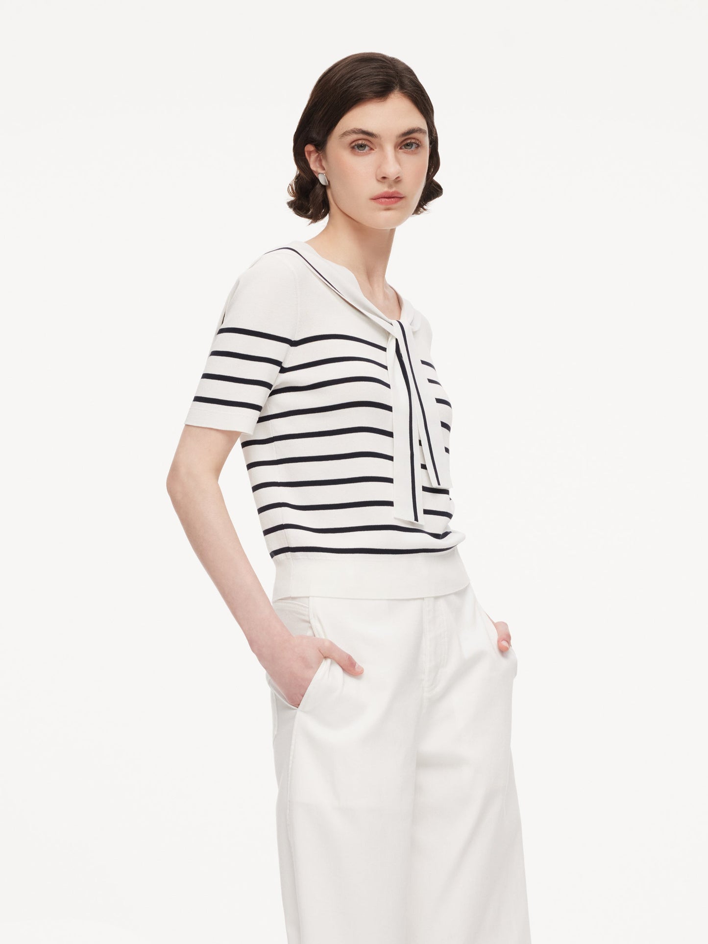 Lyocell Blend Stripe Women Knit Top With Detachable Sailor Collar
