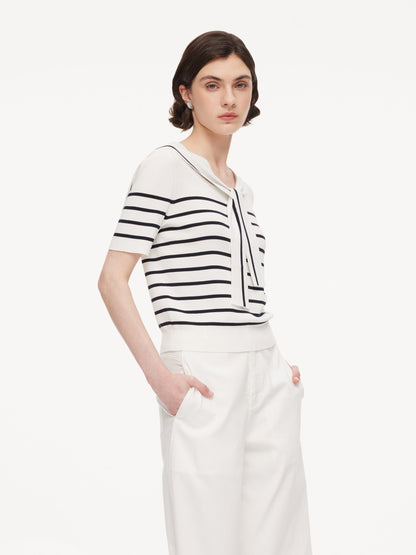 Lyocell Blend Stripe Women Knit Top With Detachable Sailor Collar
