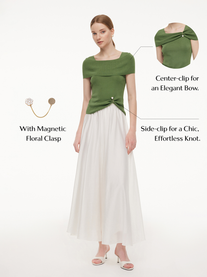 Lyocell Blend Off Shoulder Women Knit Top With Detachable Magnetic Flower
