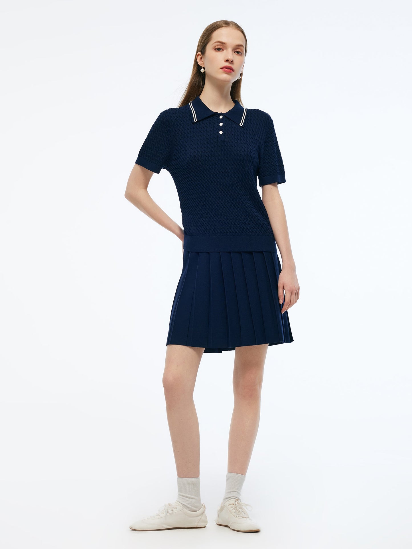 Lyocell Blend Polo Knit Top And Pleated Skirt Two-Piece Set