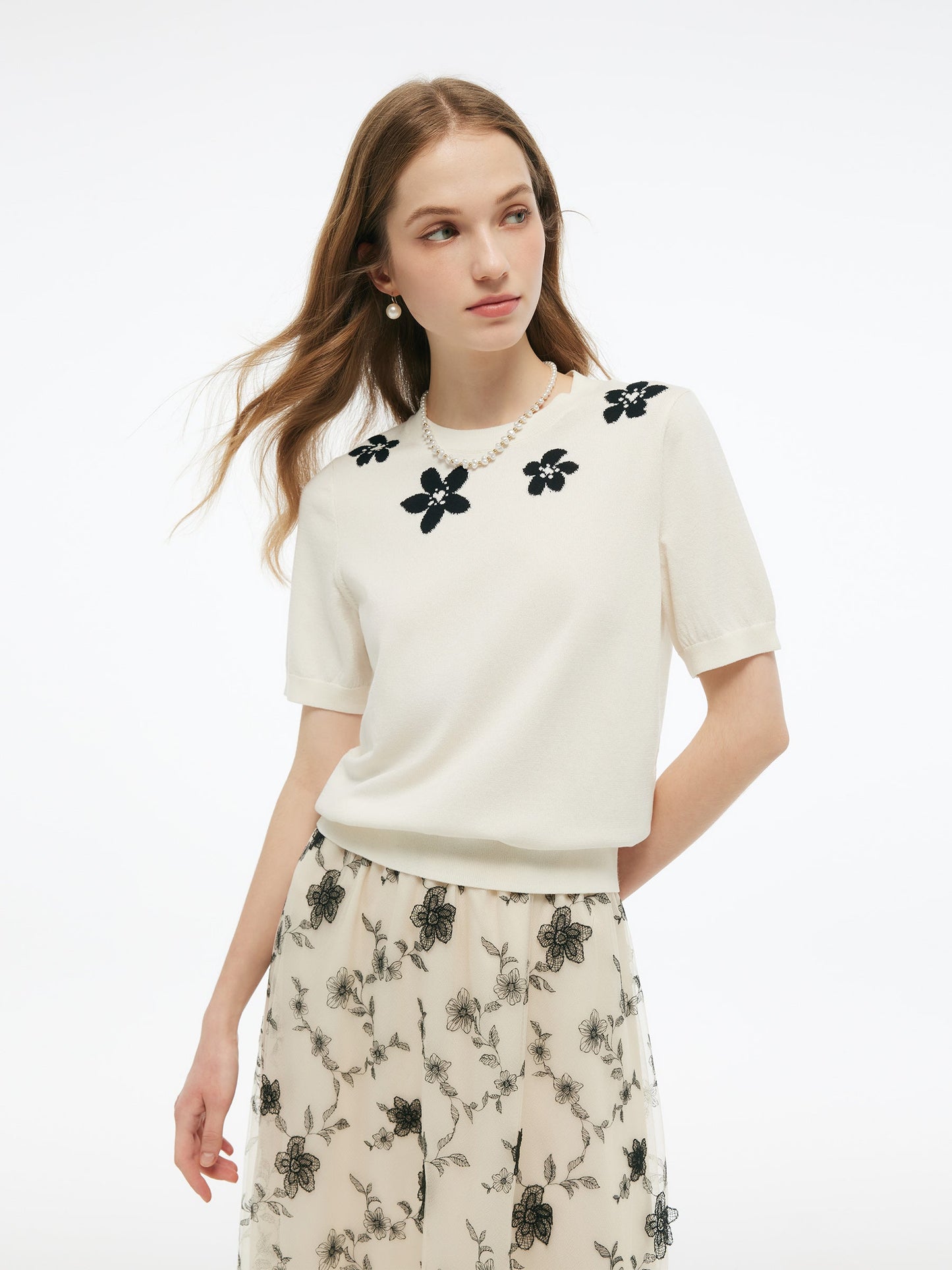 Tencel Blend Floral Jacquard Women Knit Top