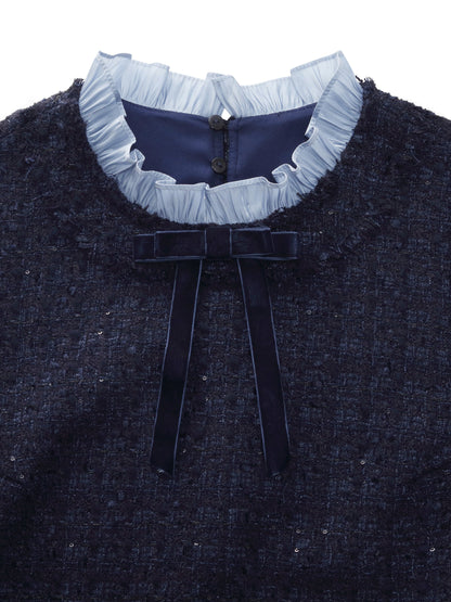 Wool Blend Tweed Sequins Faux-Layered Women Mini Dress