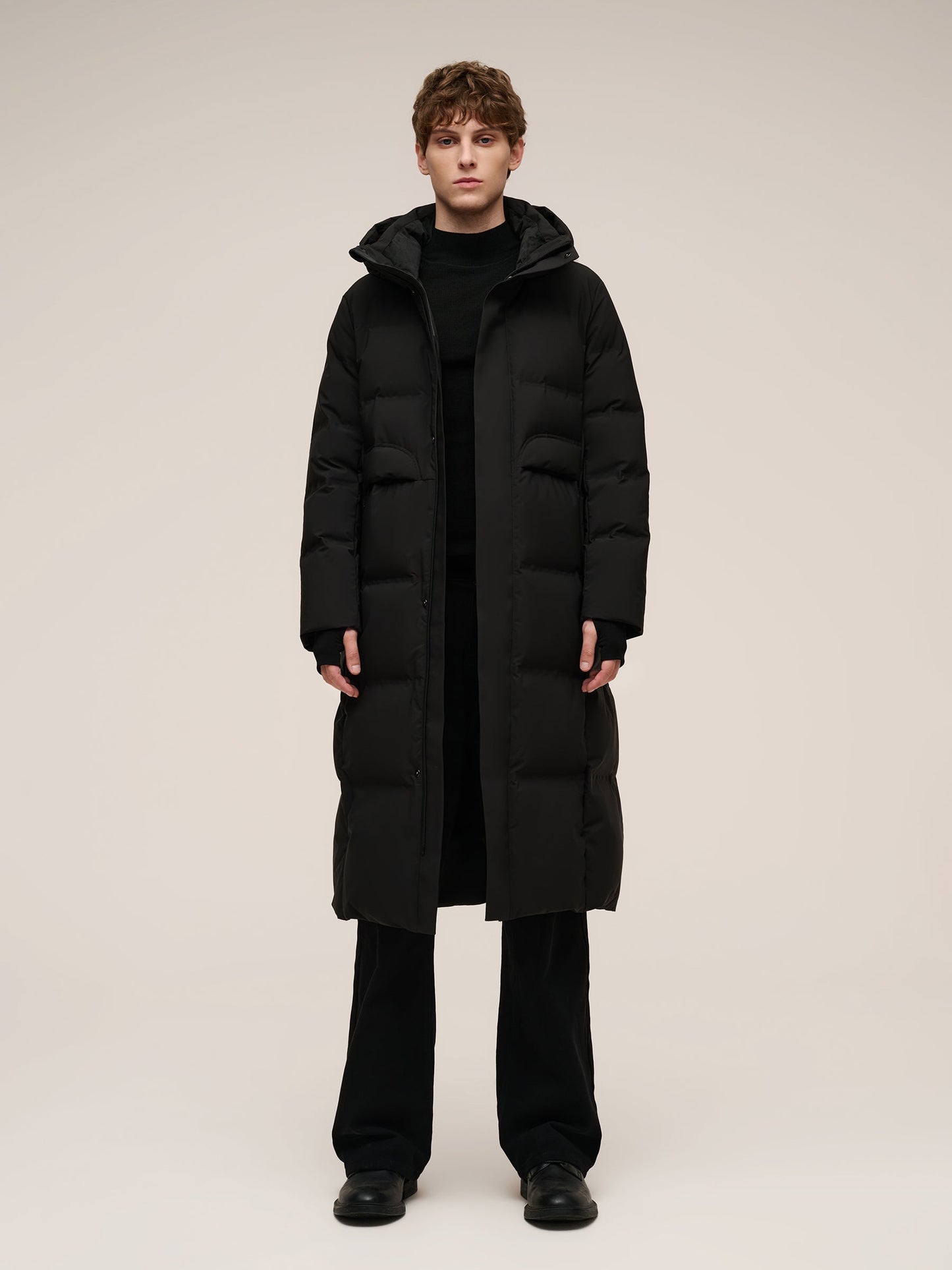 Thermal Tech Back Hooded Unisex Long Goose Down Coat