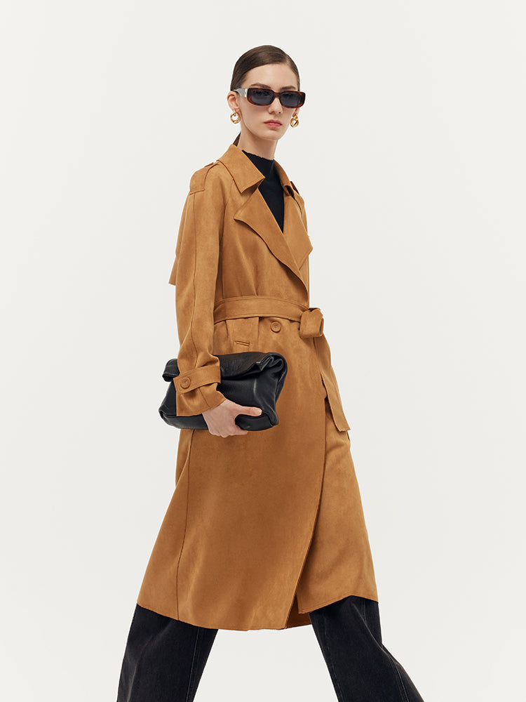 Faux Suede Women Trench Coat With Belt