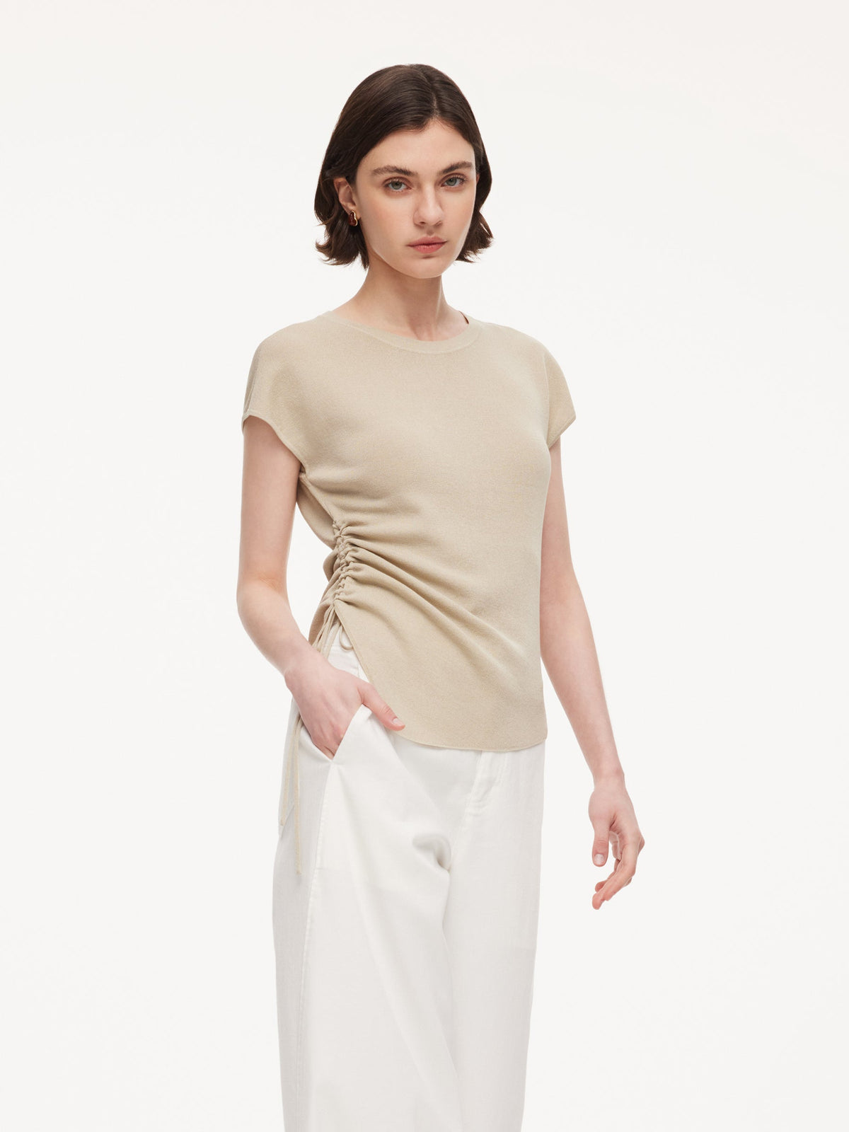 Lyocell Blend Side Drawstring Women Asymmetric Knit Top