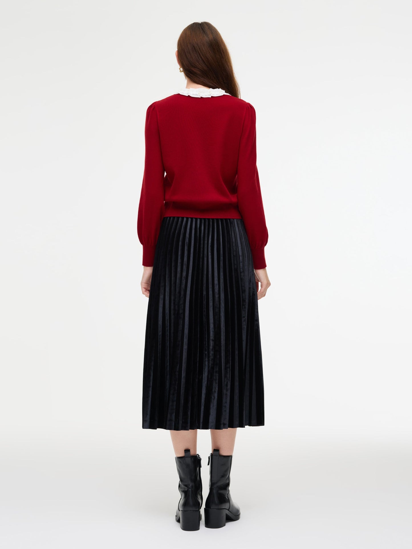 Knit Top And Velvet Pleated Skirt Two-Piece Set With Detachable Ribbon