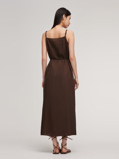 100% Linen Women Strap Maxi Dress With Tie String Belt