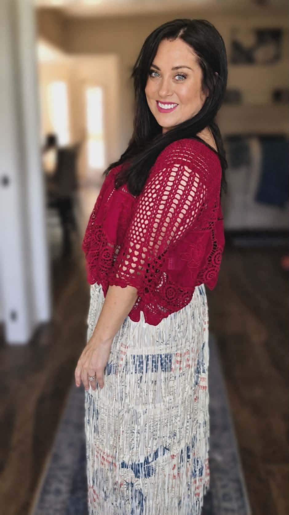 Origami - Red Hot Statement Crochet Top|Oversized Lace Boho Blouse