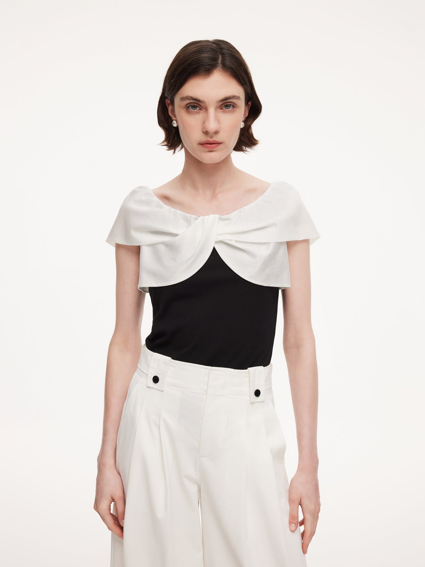 Tencel Blend Patchwork Bow Neck Women Knit Top