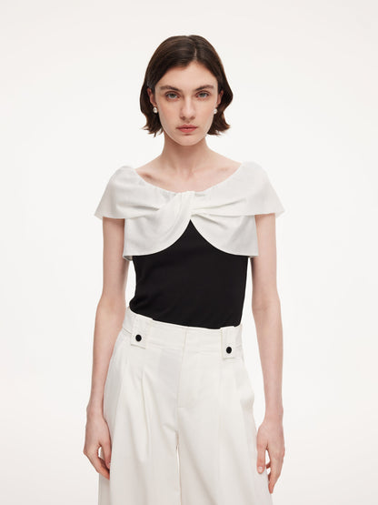 Tencel Blend Patchwork Bow Neck Women Knit Top
