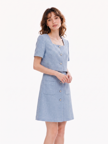 Acetate Blend Tweed Sequins Square Neck Women Mini Dress