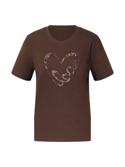 Sequined Heart Round Neck Women T-Shirt