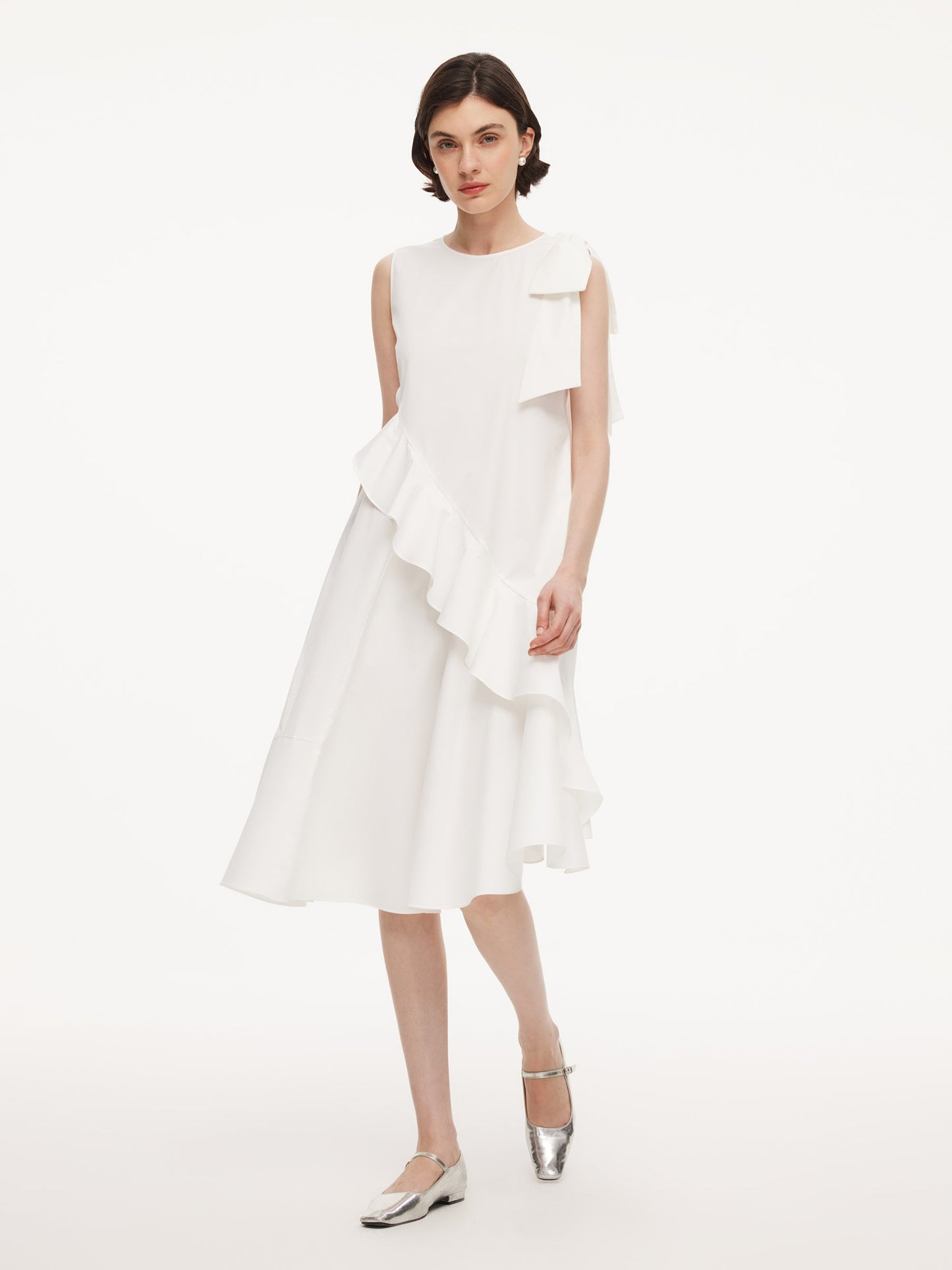 Ruffle Sleeveless Women Midi Dress With Detachable Bowknot