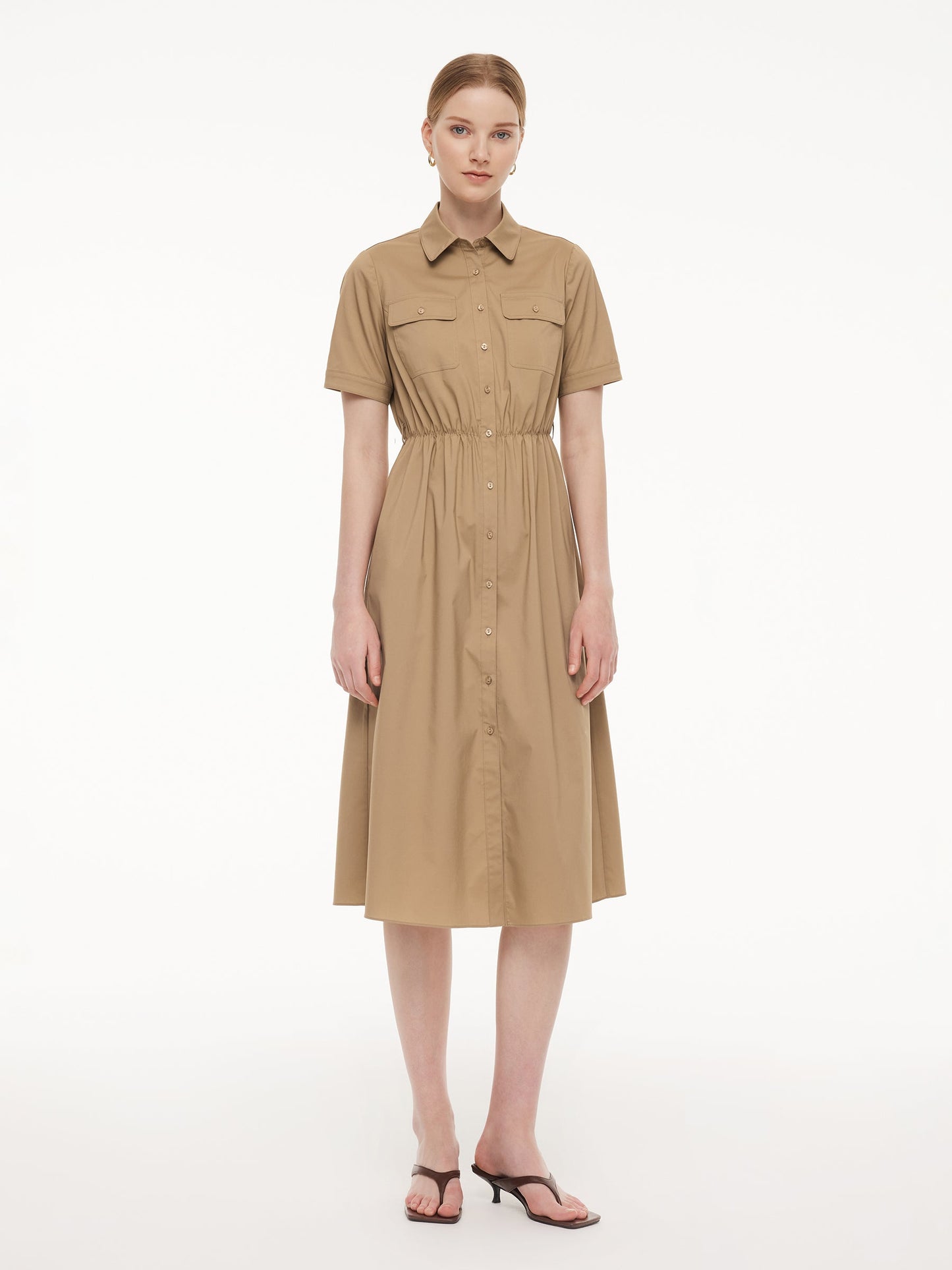 Cotton Blend Women Midi Shirt Dress With Leather Belt
