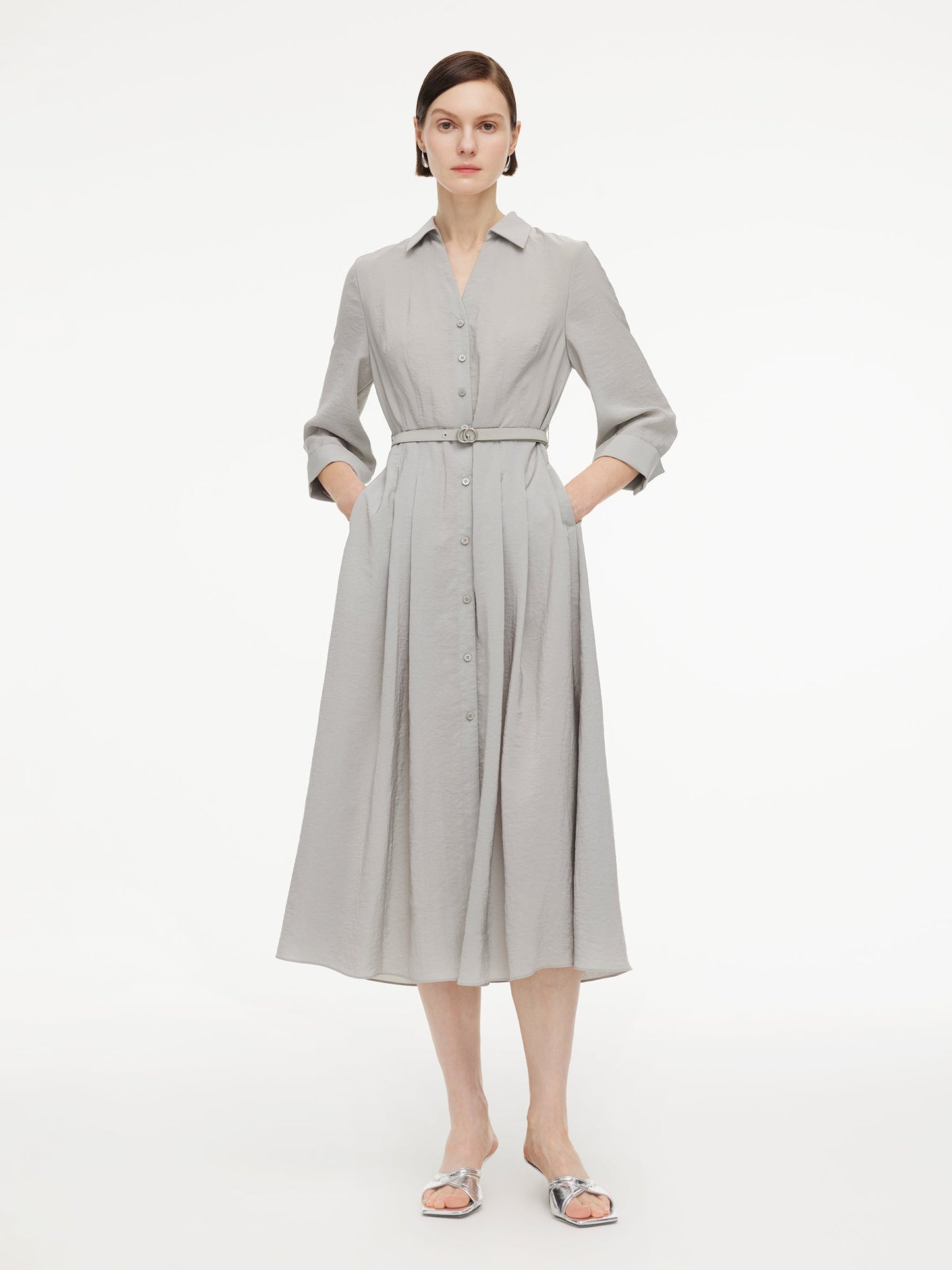 [Preview] Triacetate Blend Women Belted Maxi Shirt Dress