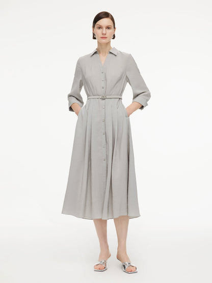 [Preview] Triacetate Blend Women Belted Maxi Shirt Dress