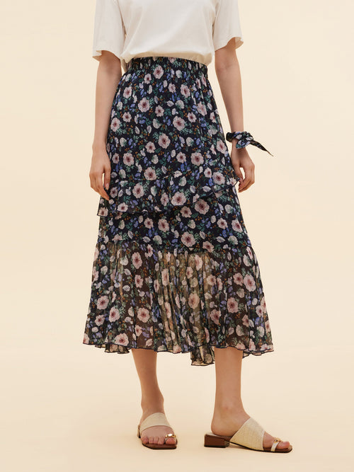 10MM Mulberry Silk Floral Print Women Tiered Skirt