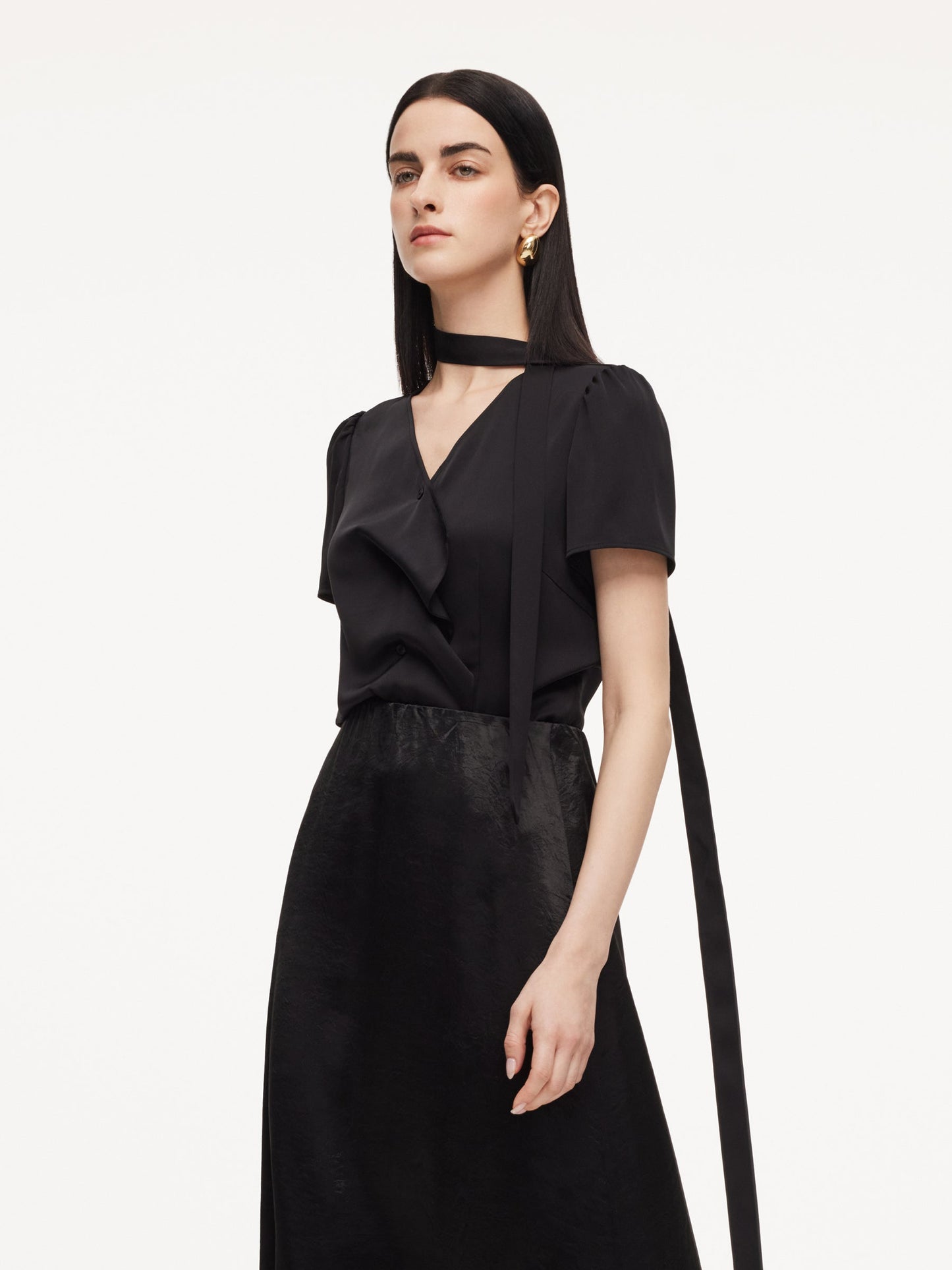 22MM Mulberry Silk Asymmetrical Hem Women Blouse With Ribbon