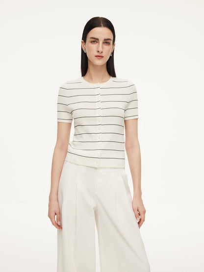 Lyocell Blend Stripe Round Neck Women Cardigan