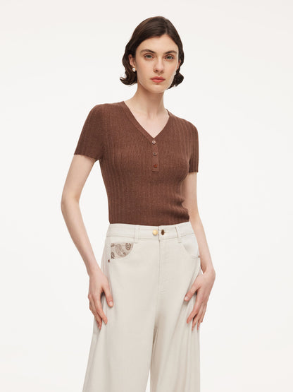 Tencel Blend V-Neck Women Glittering Knit Top