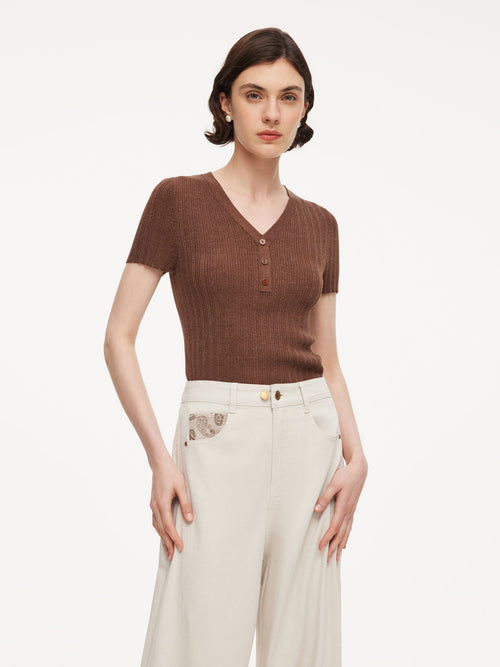 Tencel Blend V-Neck Women Glittering Knit Top