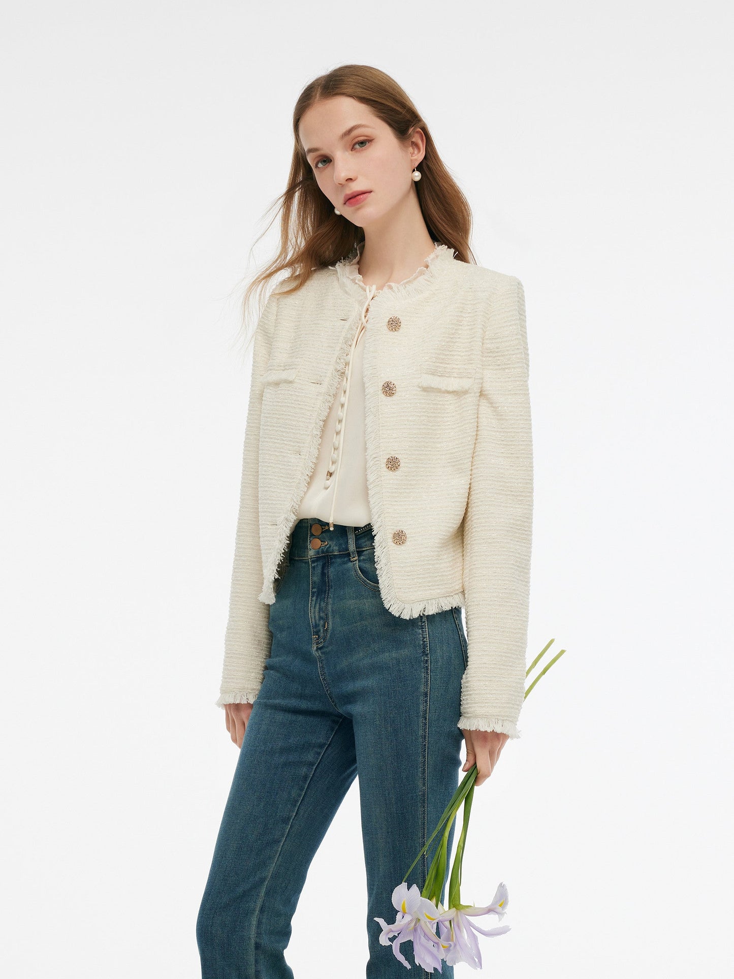 Tweed Collarless Women Crop Jacket