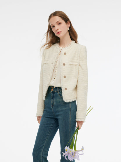 Tweed Collarless Women Crop Jacket