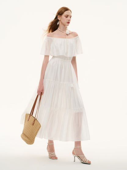 Tencel Blend Conovertible Neck Women Gathered Waist Maxi Dress With Floral Ribbon